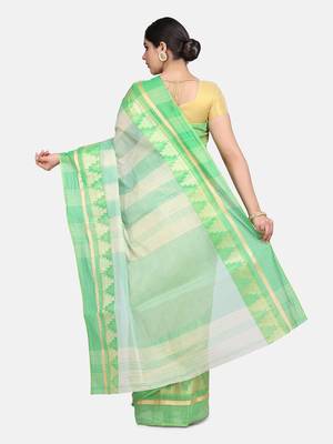 Green Plain Cotton Saree 5