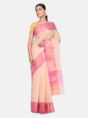 Beige Plain Cotton Saree 1