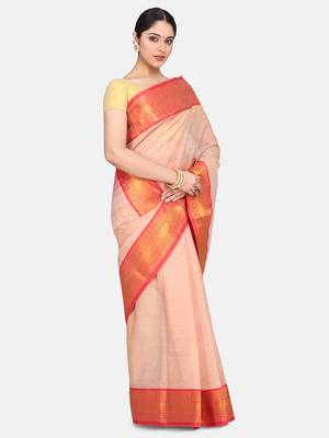 Beige Plain Cotton Saree 3