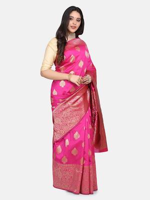 Pink Woven Art Silk Saree With Blouse 4