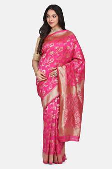 Rani Pink Woven Art Silk Saree With Blouse
