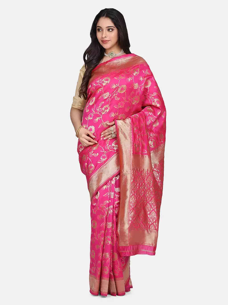 Rani Pink Woven Art Silk Saree With Blouse