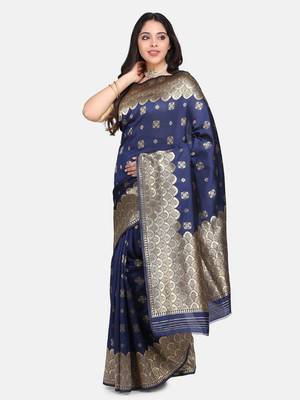 Navy Blue Woven Art Silk Saree With Blouse 1
