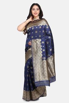 Navy Blue Woven Art Silk Saree With Blouse