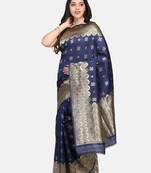 Navy Blue Woven Art Silk Saree With Blouse