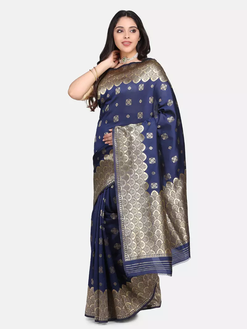 Navy Blue Woven Art Silk Saree With Blouse
