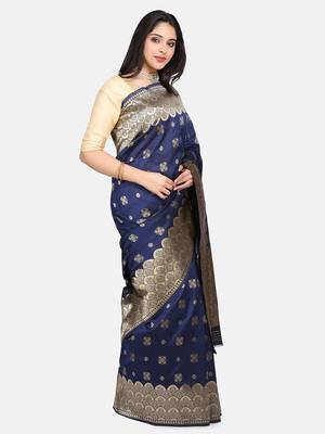 Navy Blue Woven Art Silk Saree With Blouse 3