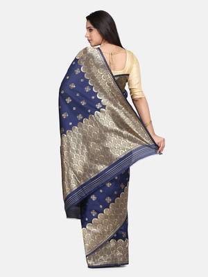 Navy Blue Woven Art Silk Saree With Blouse 4