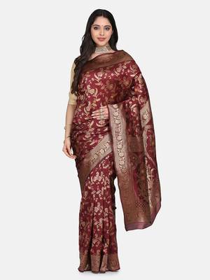 Maroon Woven Art Silk Saree With Blouse 3