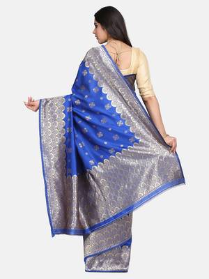 Royal Blue Woven Art Silk Saree With Blouse 4