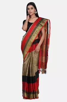 Beige Woven Art Silk Saree With Blouse
