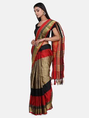 Beige Woven Art Silk Saree With Blouse 3