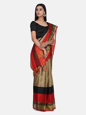 Beige Woven Art Silk Saree With Blouse 4