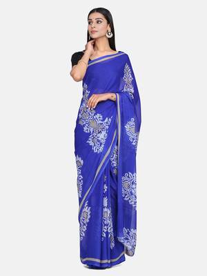 Blue Printed Georgette Saree With Blouse 1