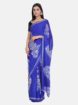 Blue Printed Georgette Saree With Blouse 3