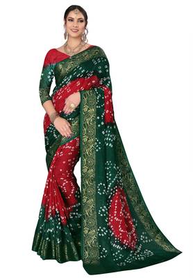 Green printed cotton silk Bandhani saree 1