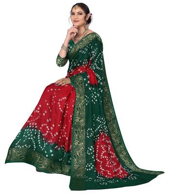 Green printed cotton silk Bandhani saree 4