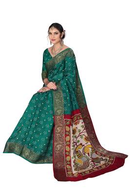 Green hand woven art silk Bandhani saree 2