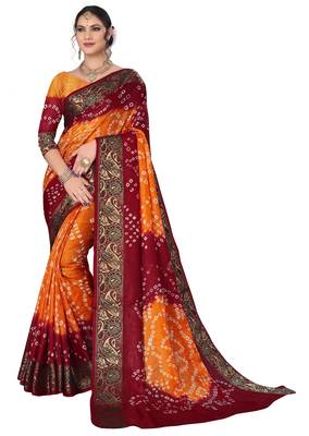 Rust printed cotton silk Bandhani saree 1
