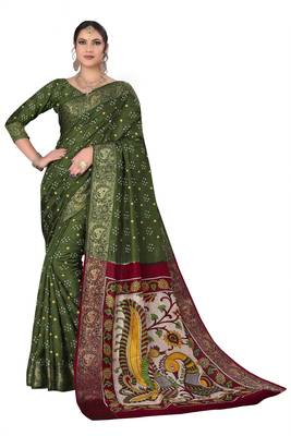 Mehendi hand woven art silk Bandhani saree 1
