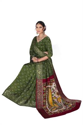 Mehendi hand woven art silk Bandhani saree 4