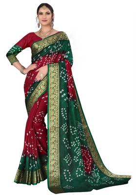 Green hand woven art silk Bandhani saree 1