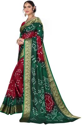 Green hand woven art silk Bandhani saree 3
