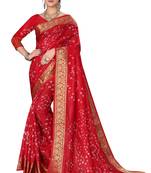 Red hand woven art silk Bandhani saree
