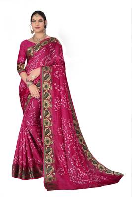 Rani pink hand woven art silk Bandhani saree 1