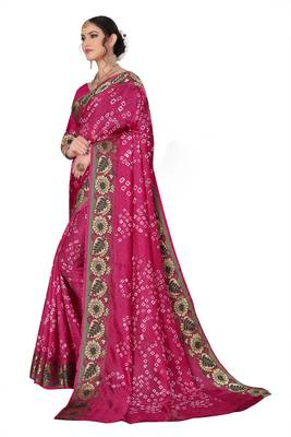 Rani pink hand woven art silk Bandhani saree 3