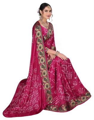 Rani pink hand woven art silk Bandhani saree 4