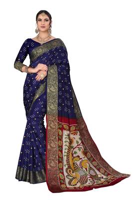 Blue hand woven art silk Bandhani saree 1