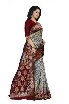 Grey printed art silk Bandhani saree 2