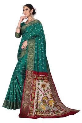 Green hand woven art silk Bandhani saree 4