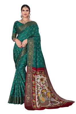 Green hand woven art silk Bandhani saree 1