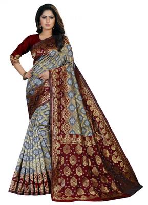 Grey printed art silk Bandhani saree 1
