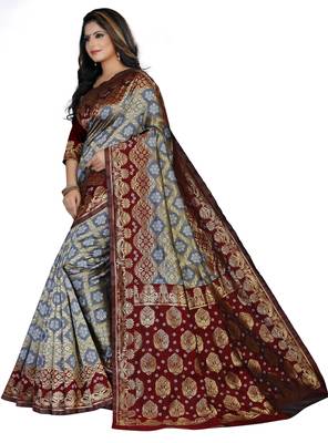 Grey printed art silk Bandhani saree 4