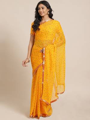Yellow printed chiffon saree with blouse 1