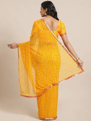 Yellow printed chiffon saree with blouse 2