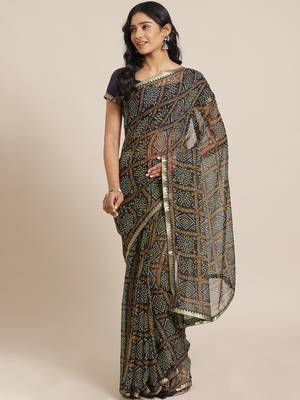 Blue printed chiffon saree with blouse 1