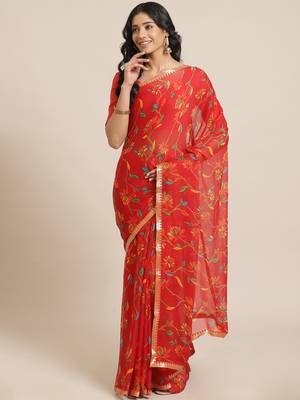 Red printed chiffon saree with blouse 1