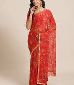 Red printed chiffon saree with blouse
