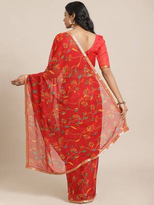 Red printed chiffon saree with blouse 2