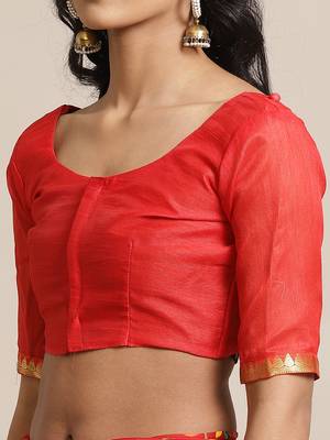 Red printed chiffon saree with blouse 3