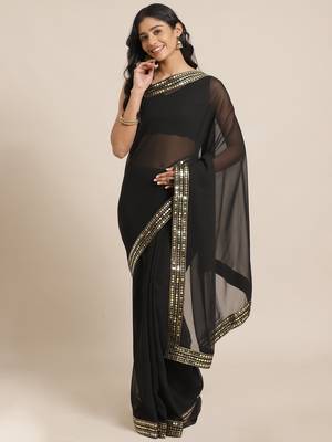 Black plain georgette saree with blouse 1