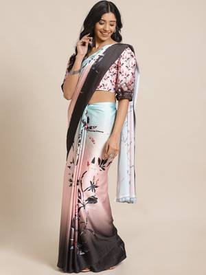 Peach printed crepe saree with blouse 1