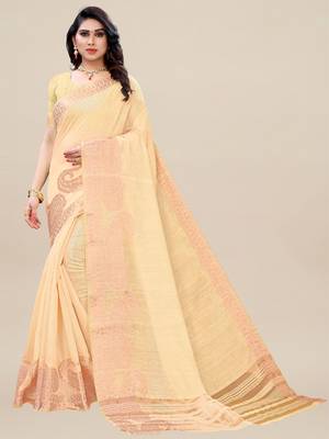 Beige woven linen saree with blouse 1