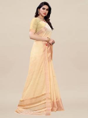 Beige woven linen saree with blouse 3