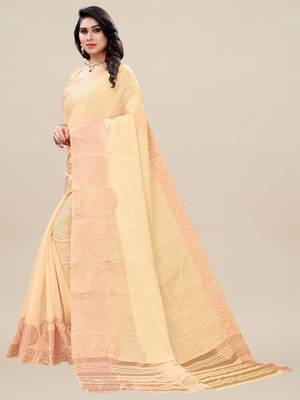 Beige woven linen saree with blouse 4