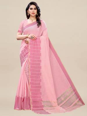 Pink woven linen saree with blouse 1